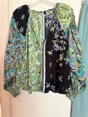 Free People Patchwork Paisley & Floral Peasant Blouse in Black, Green, Teal